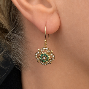 ANTIQUE EDWARDIAN EMERALD & SEED PEARL EARRINGS 9ct GOLD
