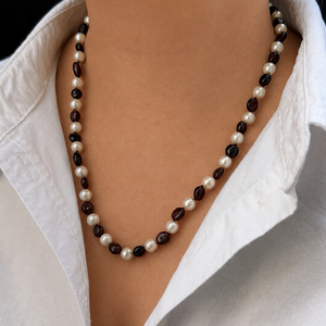BESPOKE PEARL & GARNET NECKLACE 9ct GOLD