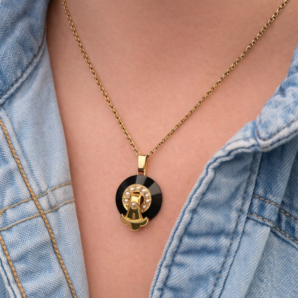 ANTIQUE EDWARDIAN ONYX &amp; SEED PEARL PENDANT &amp; CHAIN 9ct GOLD