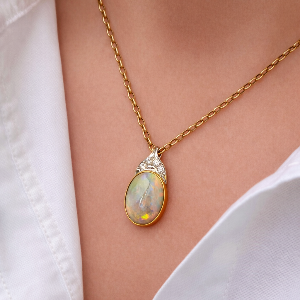 VINTAGE SOLID OPAL &amp; DIAMOND ENHANCER PENDANT 18ct GOLD