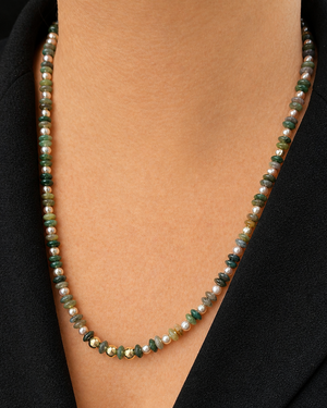 BESPOKE MOSS AGATE & PEARL NECKLACE 9ct GOLD
