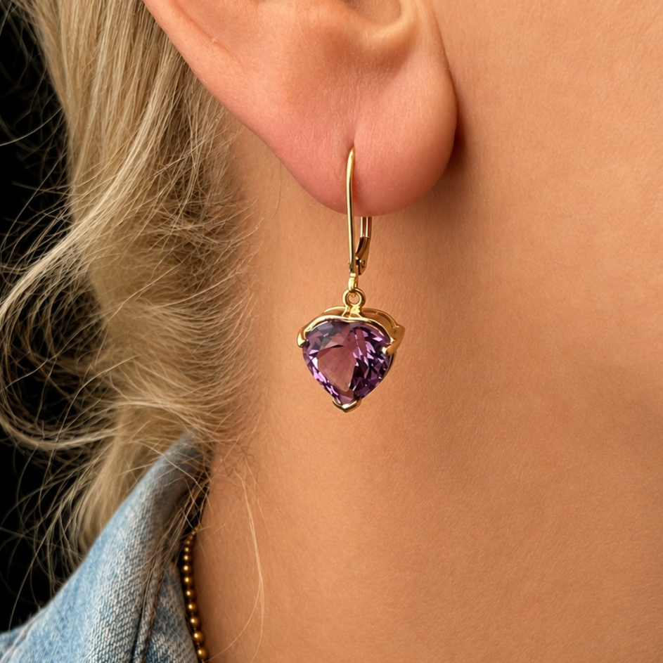 VINTAGE 6.60ct AMETHYST HEART EARRINGS 9ct GOLD