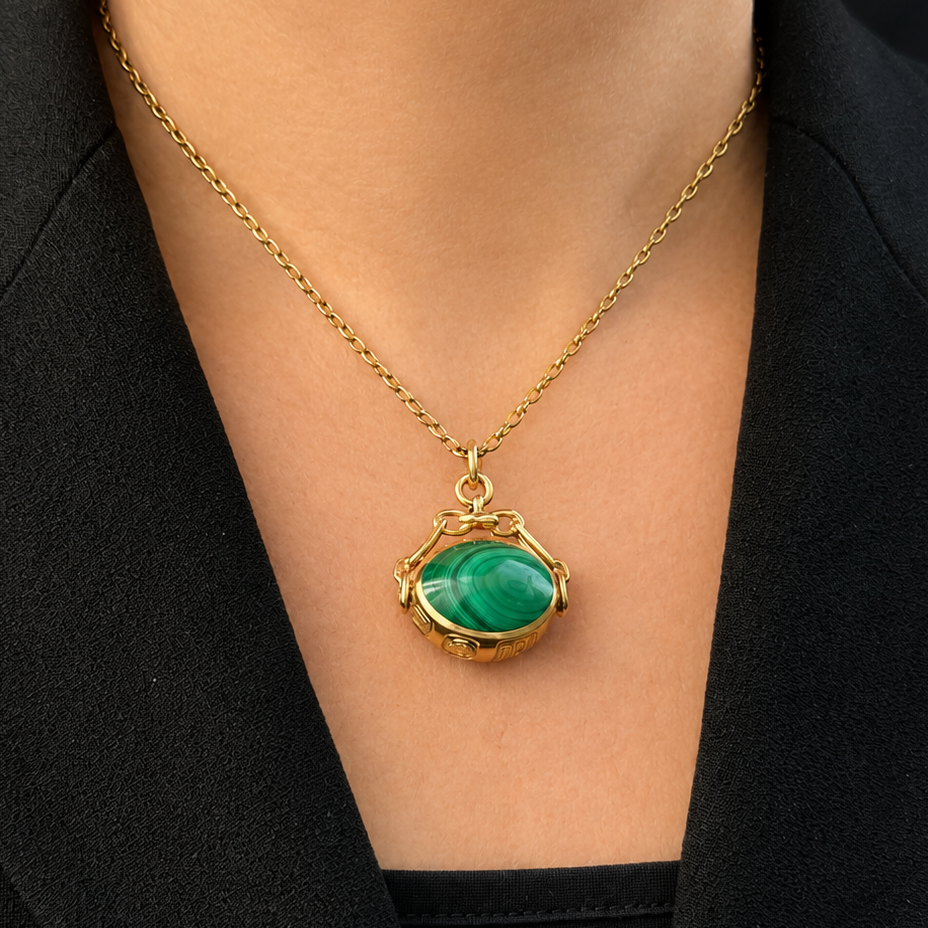 VINTAGE DOUBLE-SIDED CARNELIAN & MALACHITE FOB SPINNER 9ct GOLD