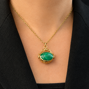 VINTAGE DOUBLE-SIDED CARNELIAN & MALACHITE FOB SPINNER 9ct GOLD