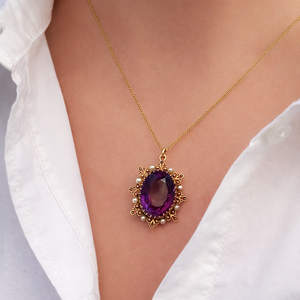 ANTIQUE VICTORIAN c1880 AMETHYST AND PEARL PENDANT 9ct GOLD