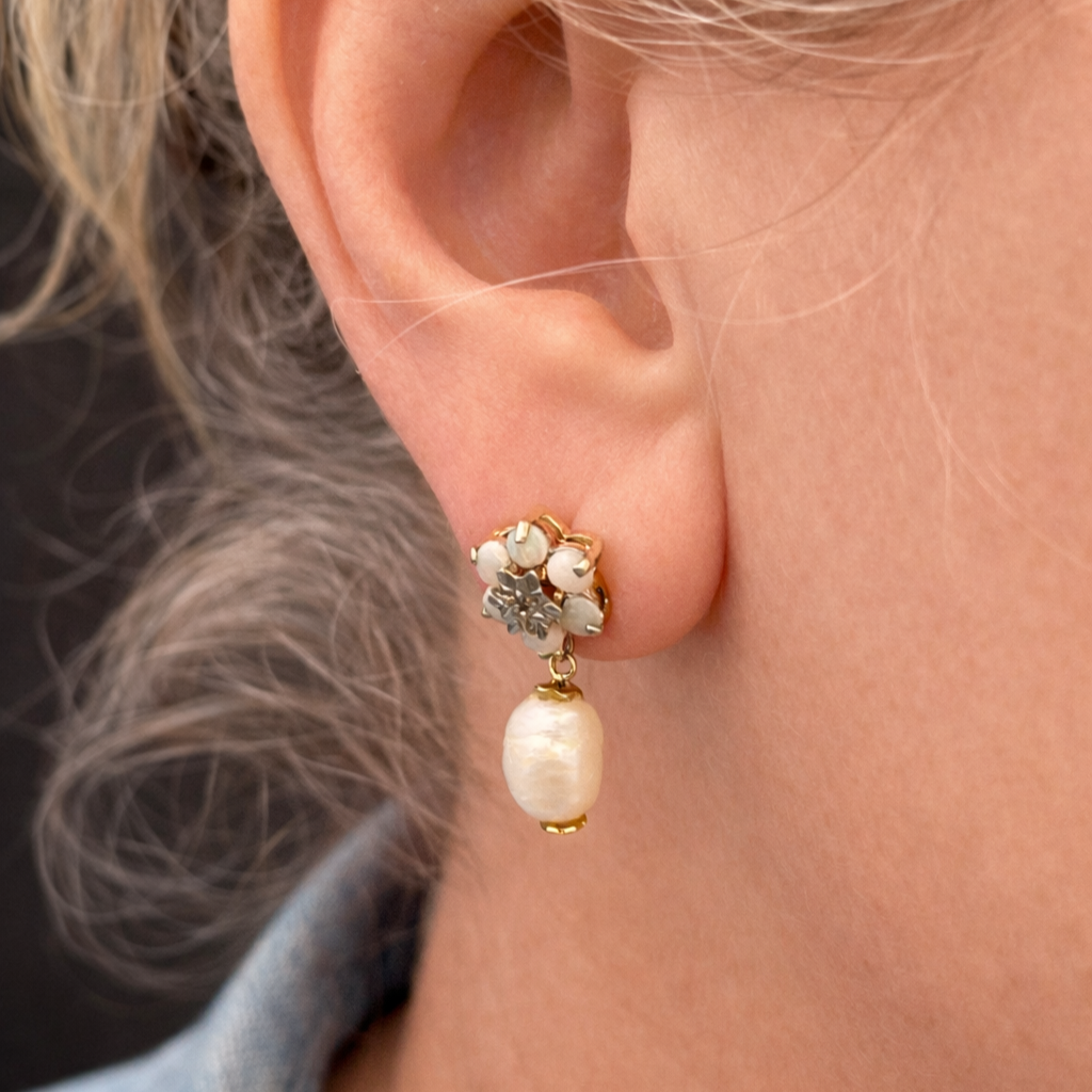 BESPOKE VINTAGE OPAL, DIAMOND &amp; PEARL EARRINGS 9ct GOLD