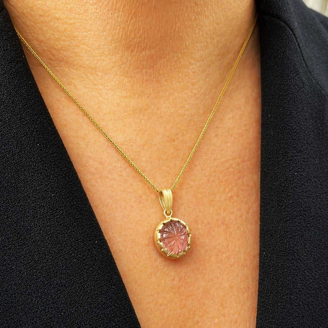 BESPOKE 5.80ct CARVED TOURMALINE PENDANT 9ct GOLD