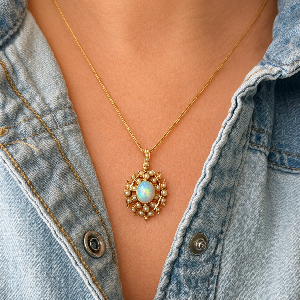 ANTIQUE EDWARDIAN c1900 OPAL AND SEED PEARL PENDANT WITH CHAIN 18ct GOLD