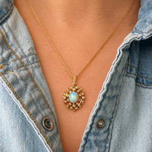ANTIQUE EDWARDIAN c1900 OPAL AND SEED PEARL PENDANT WITH CHAIN 18ct GOLD