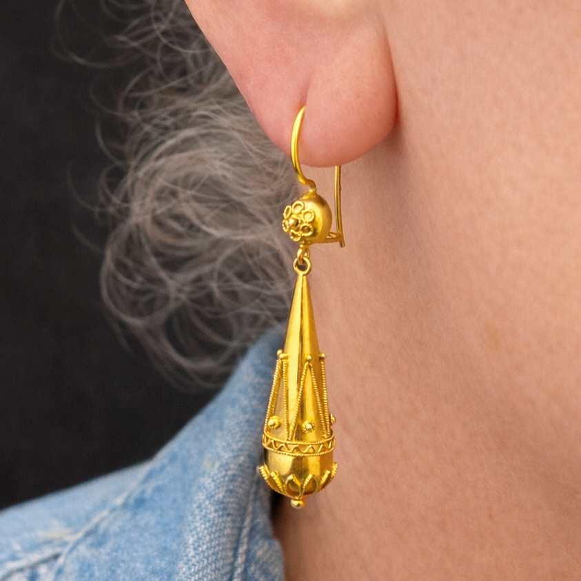 ANTIQUE VICTORIAN CANNETILLE PENDELOQUE EARRINGS 15ct GOLD