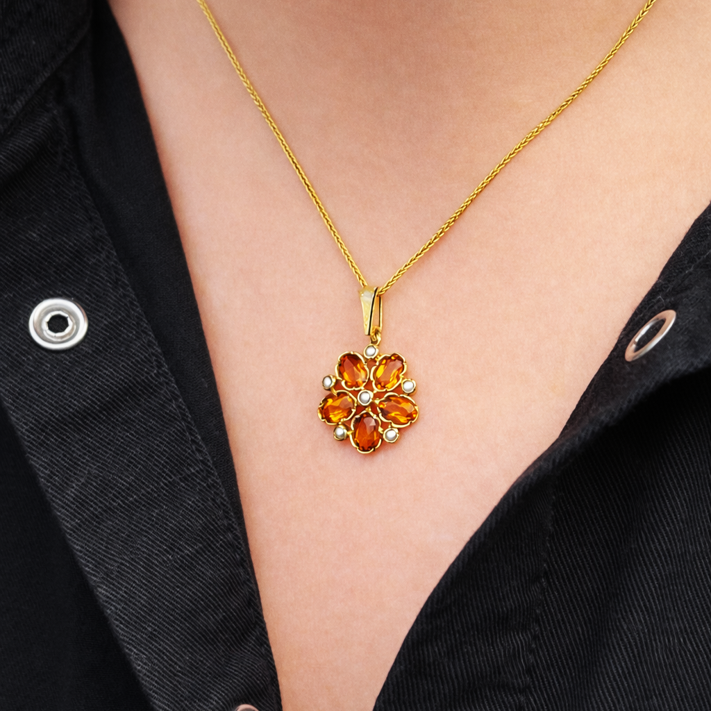 ANTIQUE EDWARDIAN CITRINE &amp; SEED PEARL PENDANT 9ct GOLD