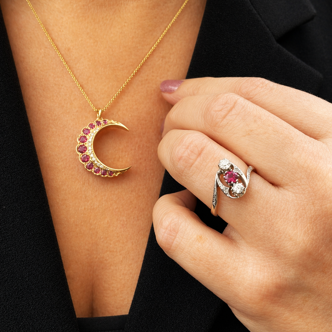 ANTIQUE ART NOUVEAU DIAMOND &amp; RUBY RING 14ct GOLD