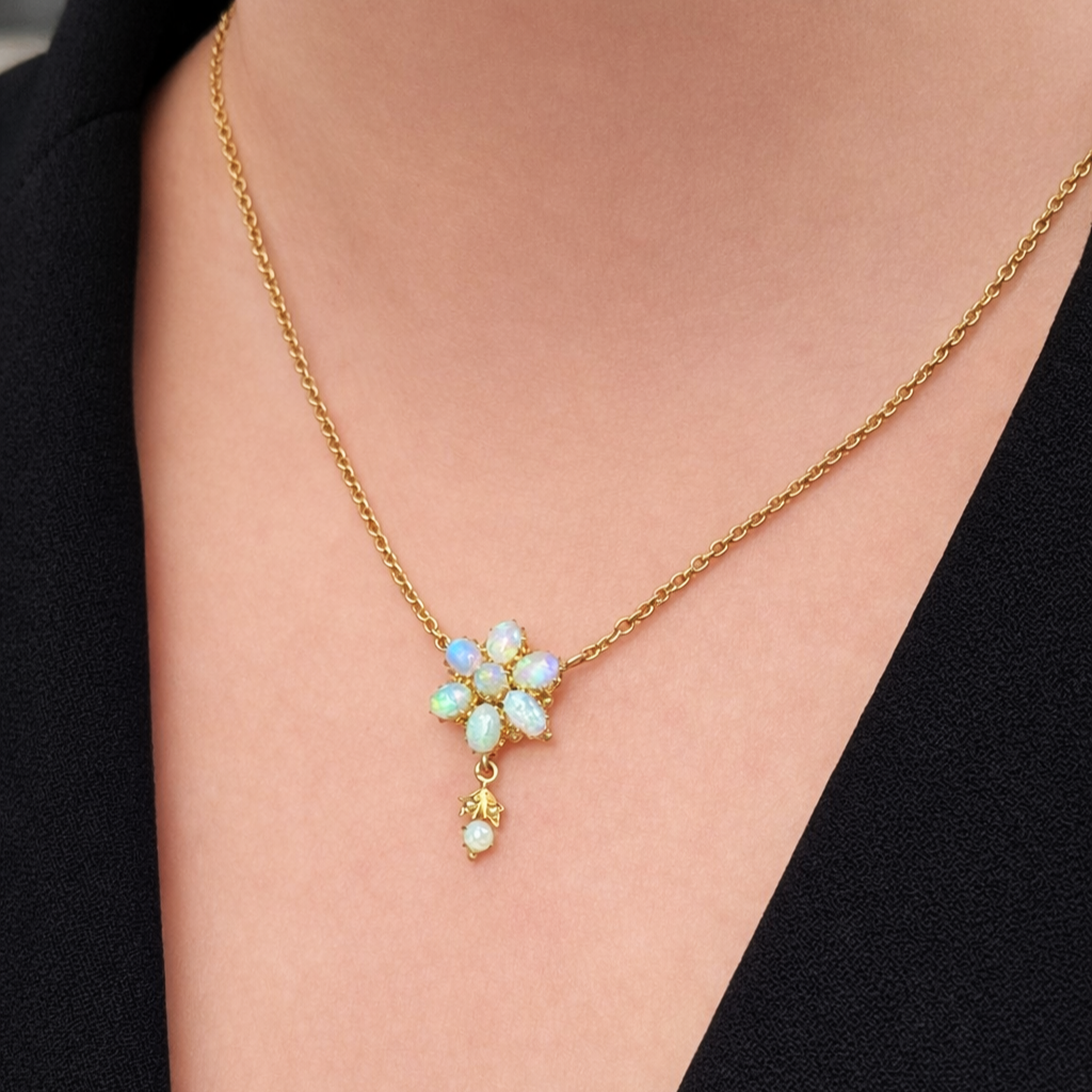 ANTIQUE EDWARDIAN c1900 SOLID OPAL NECKLACE 9ct GOLD