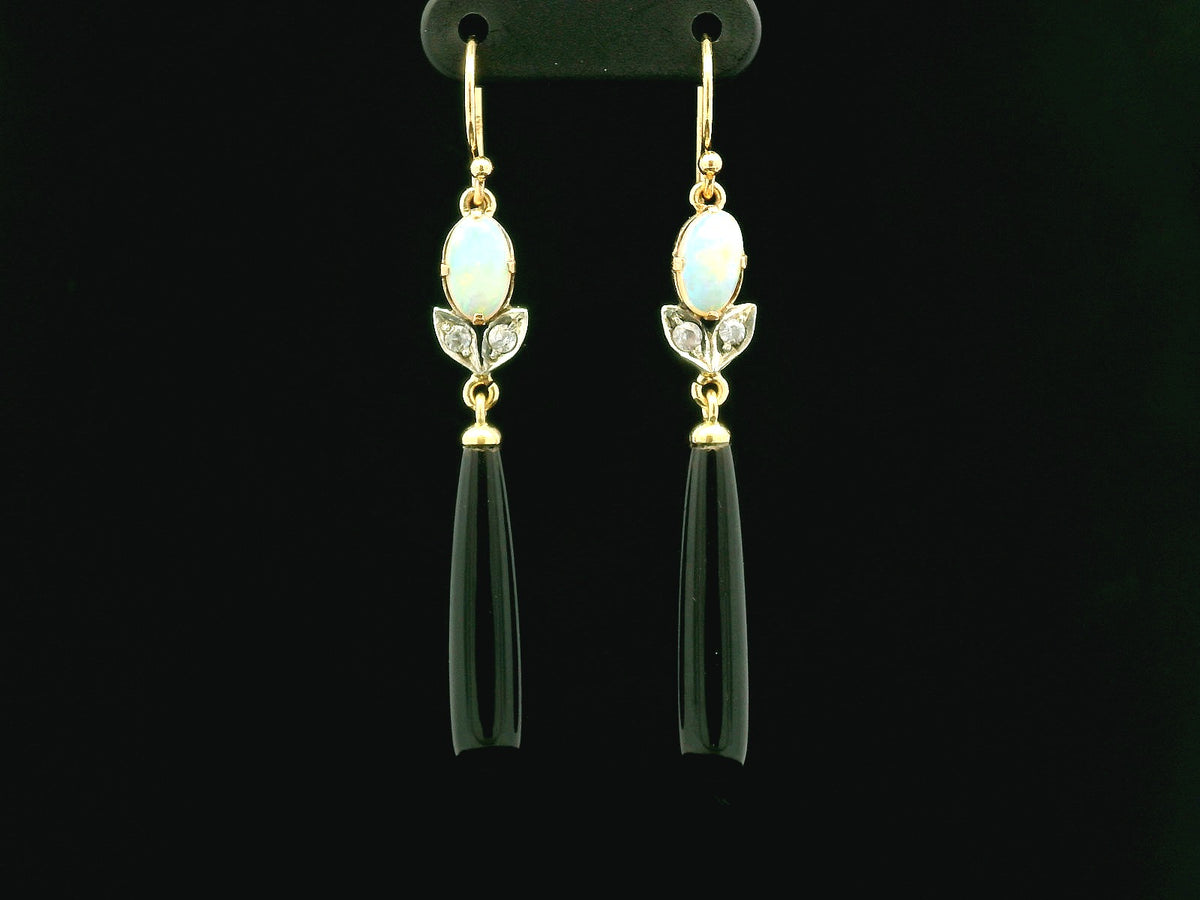 BESPOKE OPAL DIAMOND &amp; ONYX EARRINGS 9ct GOLD