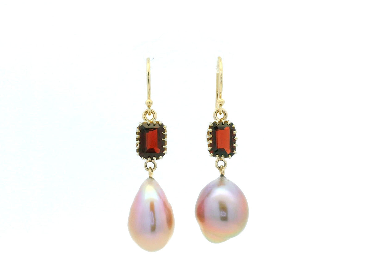 BESPOKE GARNET &amp; PINK BAROQUE PEARL EARRINGS 9ct GOLD