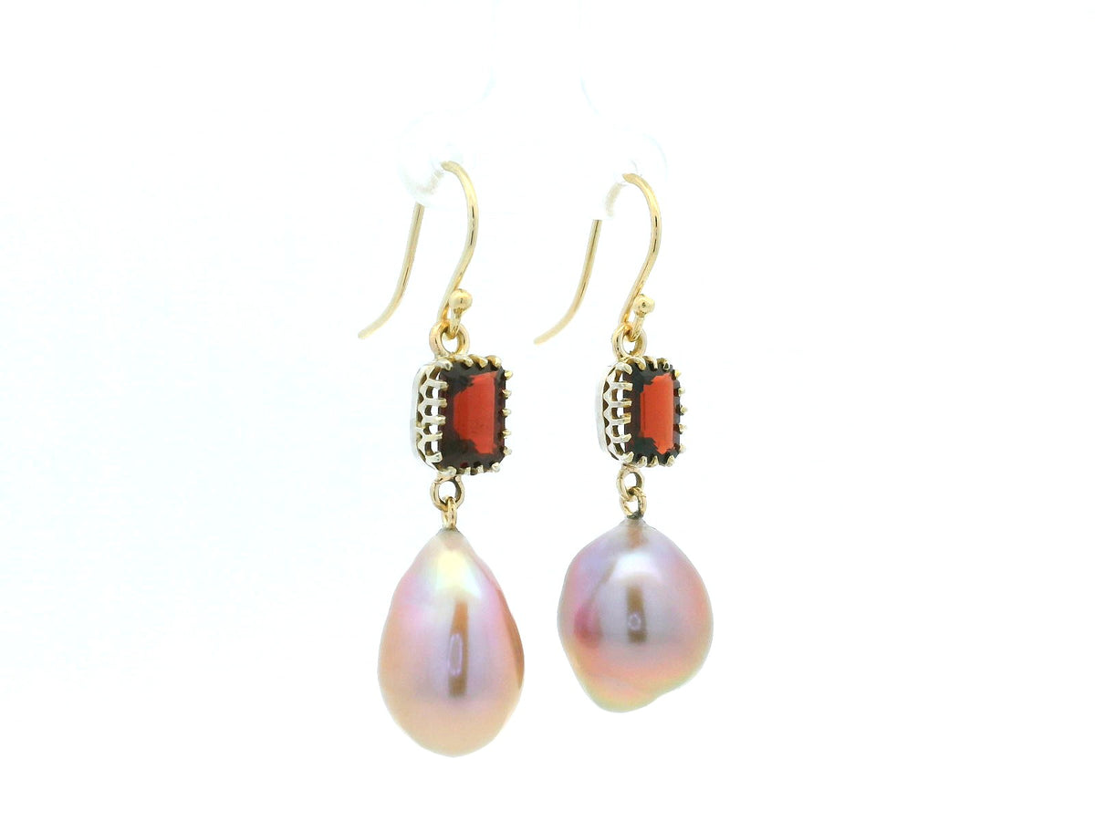 BESPOKE GARNET &amp; PINK BAROQUE PEARL EARRINGS 9ct GOLD