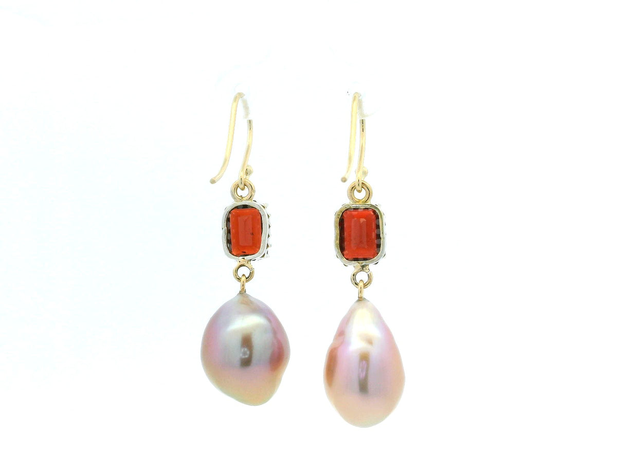 BESPOKE GARNET &amp; PINK BAROQUE PEARL EARRINGS 9ct GOLD