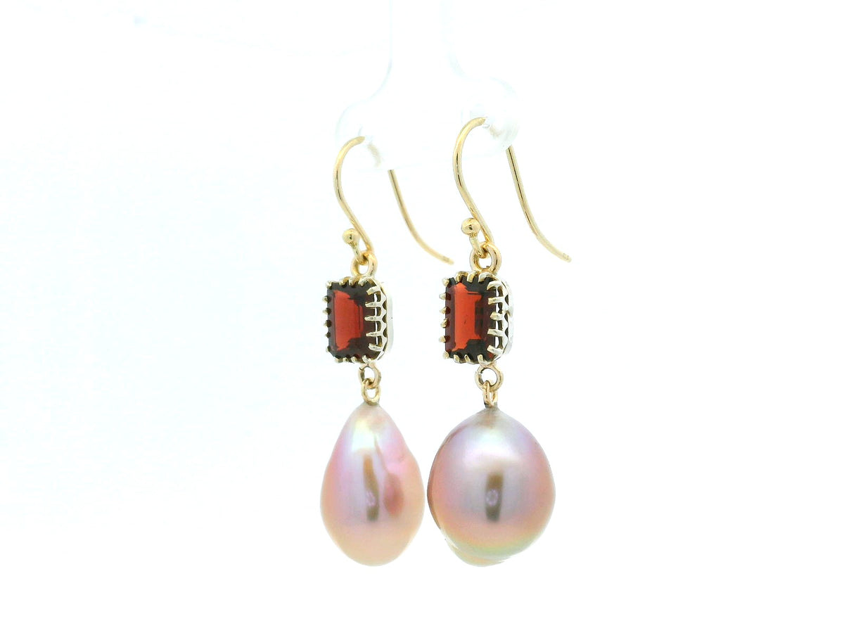 BESPOKE GARNET &amp; PINK BAROQUE PEARL EARRINGS 9ct GOLD