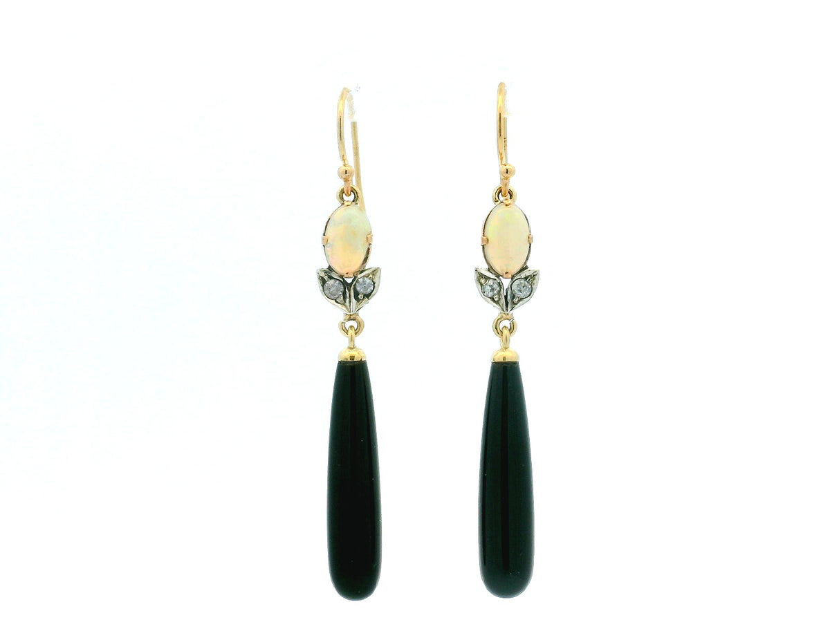 BESPOKE OPAL DIAMOND &amp; ONYX EARRINGS 9ct GOLD