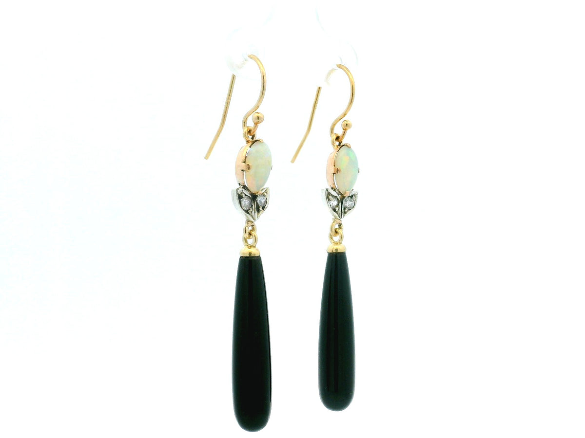 BESPOKE OPAL DIAMOND &amp; ONYX EARRINGS 9ct GOLD