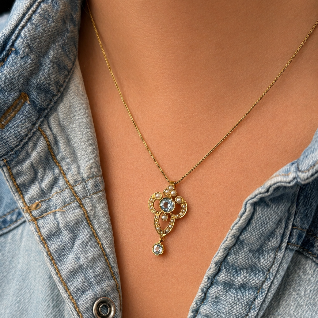 VINTAGE ANTIQUE REVIVAL AQUAMARINE &amp; SPLIT PEARL PENDANT 9ct GOLD