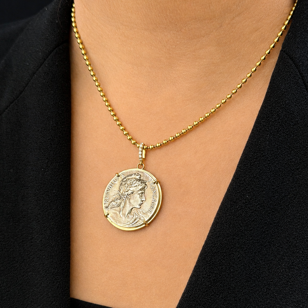 SILVER FRENCH MARITIME MEDAL PENDANT DIAMOND & 9ct GOLD