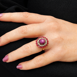 VINTAGE c1940 6ct STAR RUBY, RUBY & DIAMOND RING 18ct GOLD