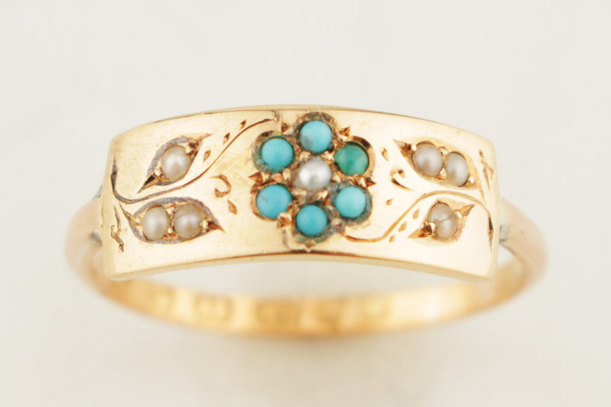 ANTIQUE VICTORIAN 1863 TURQUOISE &amp; SEED PEARL RING 22ct GOLD