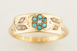 ANTIQUE VICTORIAN 1863 TURQUOISE & SEED PEARL RING 22ct GOLD