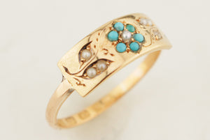 ANTIQUE VICTORIAN 1863 TURQUOISE & SEED PEARL RING 22ct GOLD