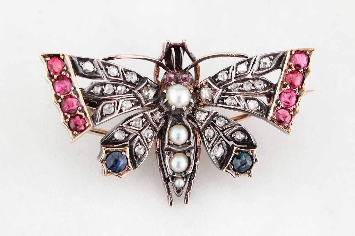 ANTIQUE c1890 DIAMOND SAPPHIRE &amp; SPINEL BUTTERFLY PENDANT/BROOCH