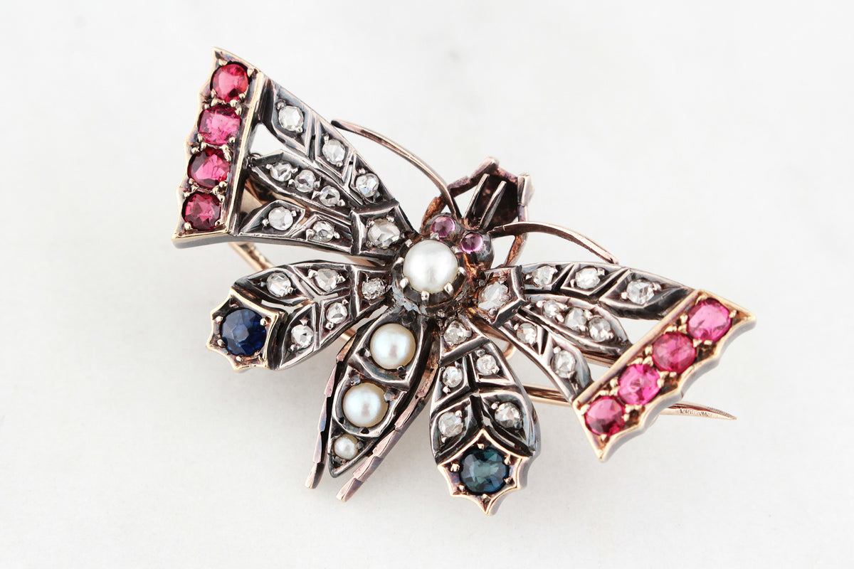 ANTIQUE c1890 DIAMOND SAPPHIRE &amp; SPINEL BUTTERFLY PENDANT/BROOCH