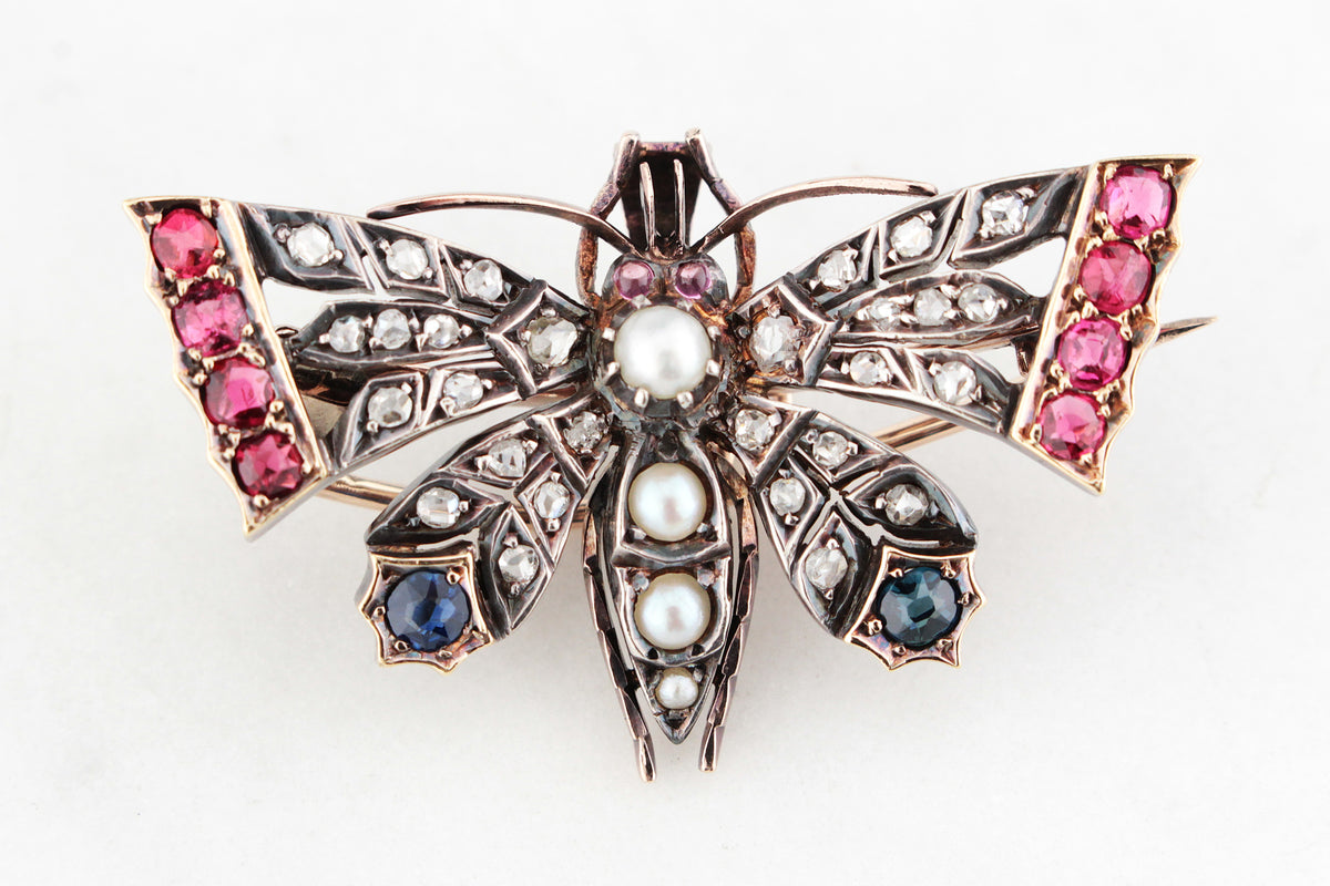 ANTIQUE c1890 DIAMOND SAPPHIRE &amp; SPINEL BUTTERFLY PENDANT/BROOCH