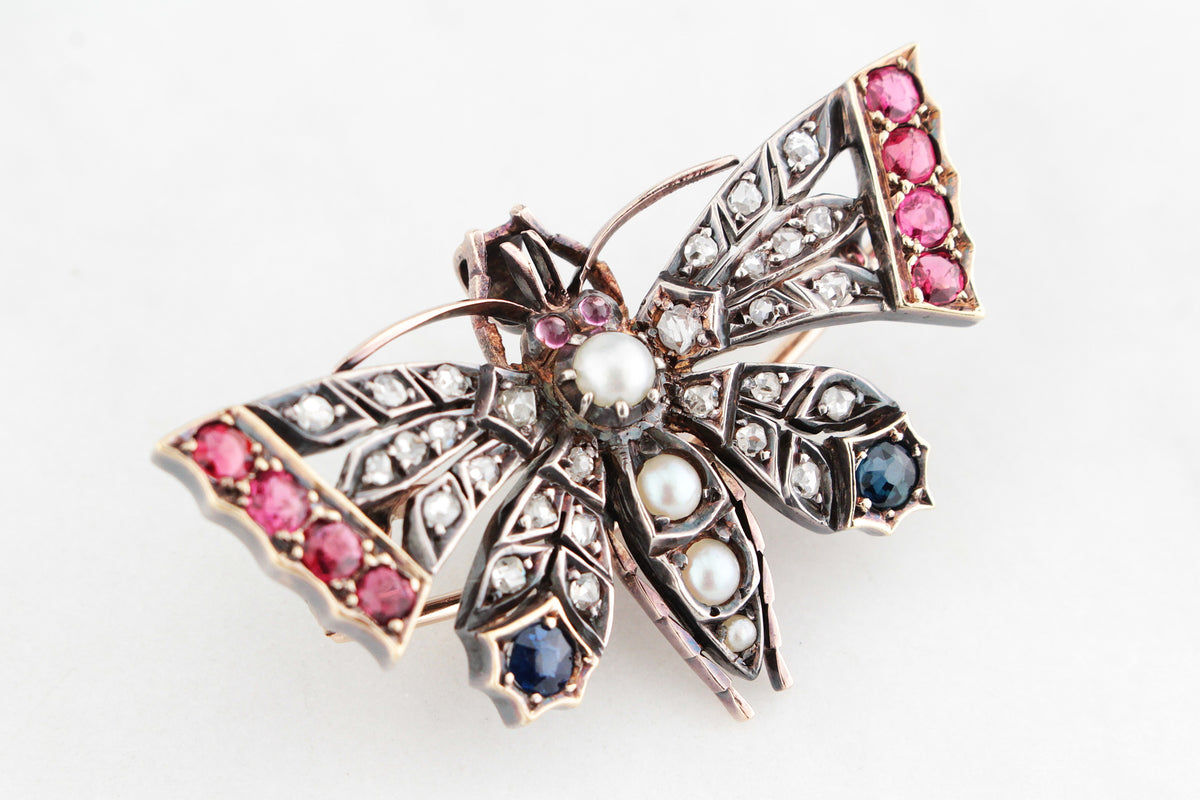 ANTIQUE c1890 DIAMOND SAPPHIRE &amp; SPINEL BUTTERFLY PENDANT/BROOCH