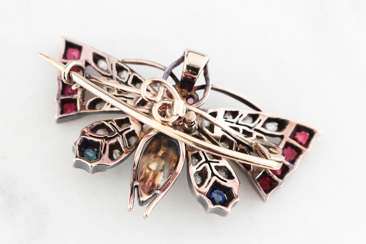 ANTIQUE c1890 DIAMOND SAPPHIRE &amp; SPINEL BUTTERFLY PENDANT/BROOCH