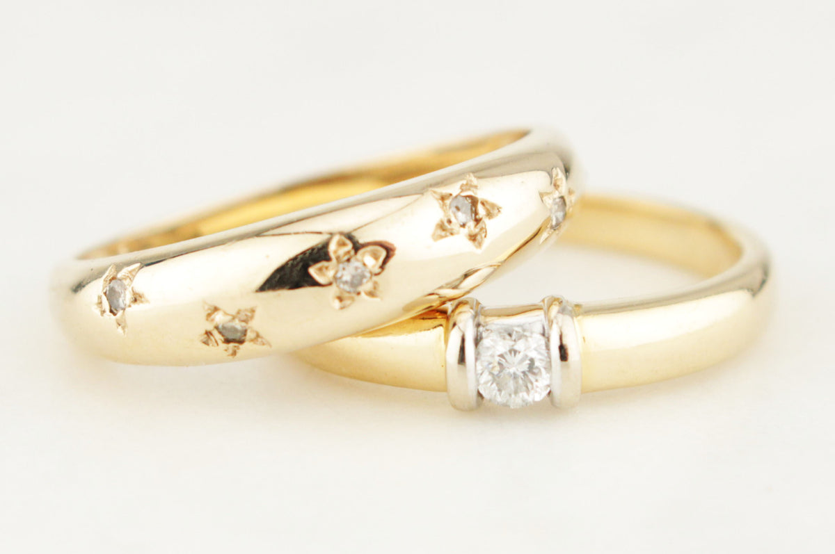 TWO DIAMOND STACKING RINGS 18ct &amp; 9ct YELLOW GOLD