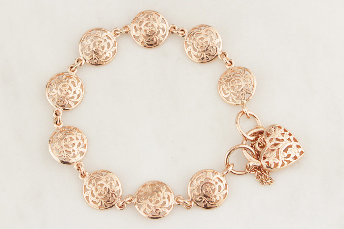 ANTIQUE STYLE FANCY LINK GATE BRACELET 9ct ROSE GOLD