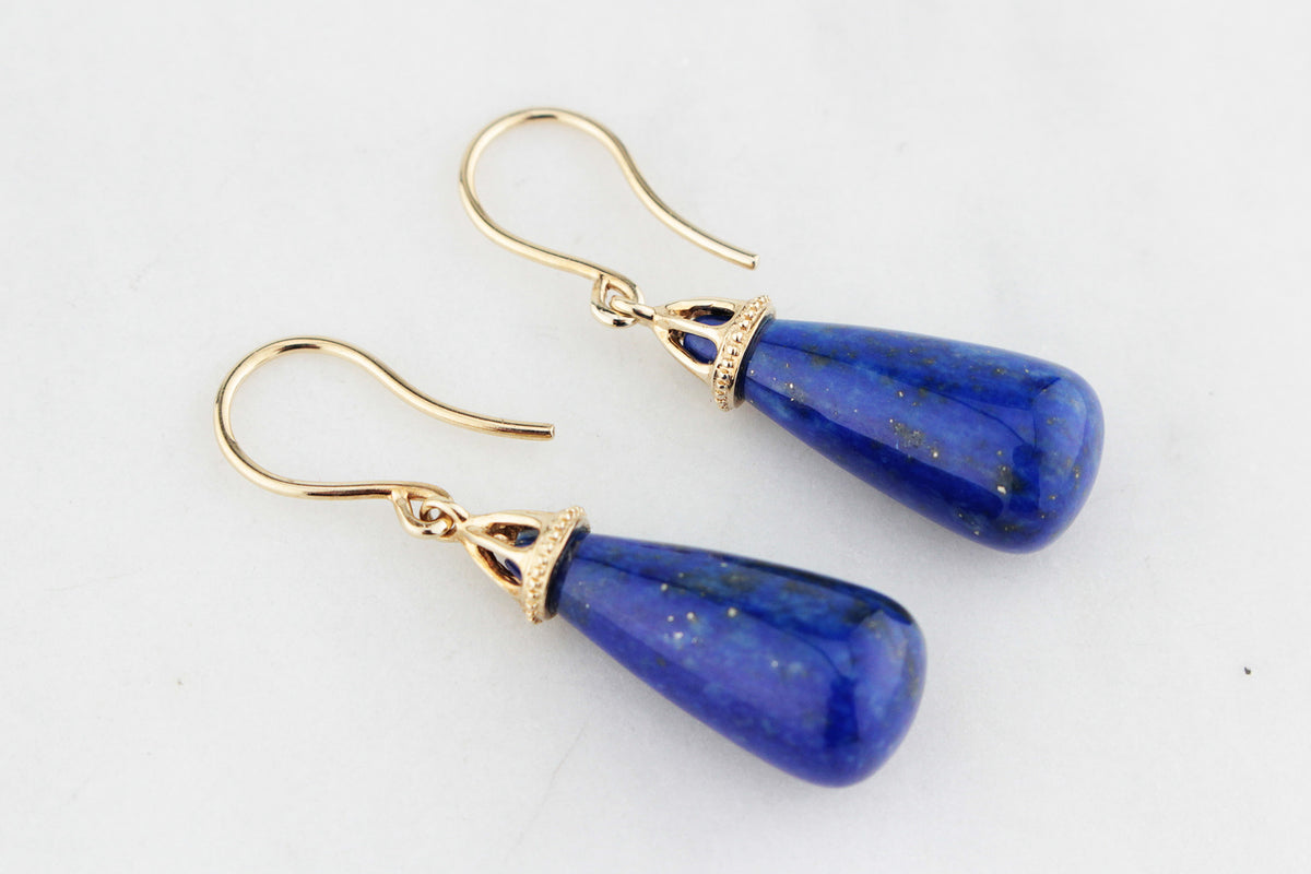VINTAGE MID CENTURY LAPIS LAZULI DROP EARRINGS 9ct GOLD