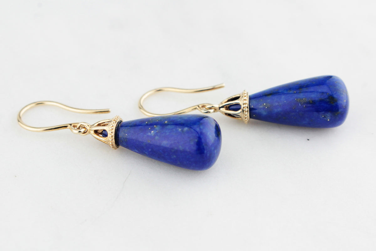 VINTAGE MID CENTURY LAPIS LAZULI DROP EARRINGS 9ct GOLD