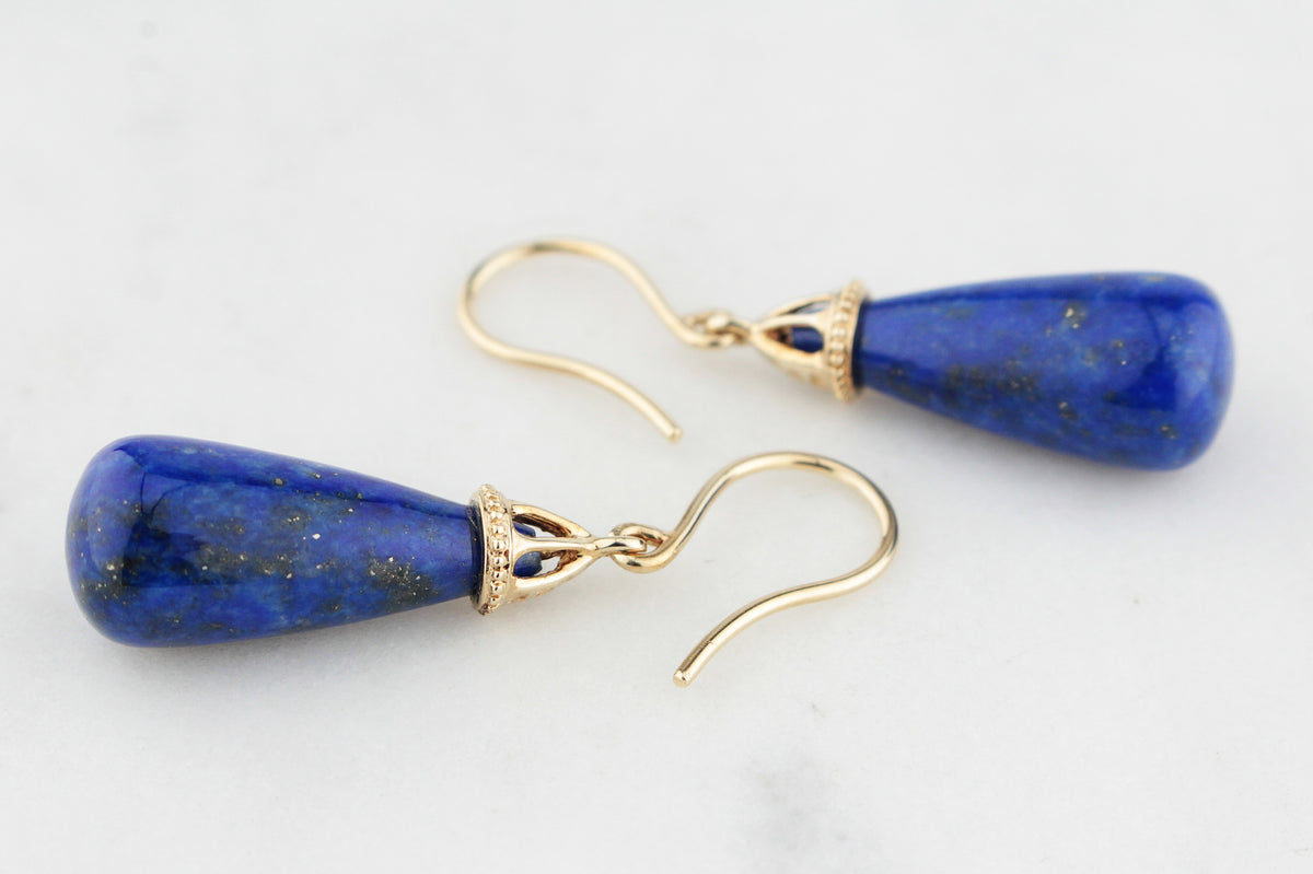 VINTAGE MID CENTURY LAPIS LAZULI DROP EARRINGS 9ct GOLD