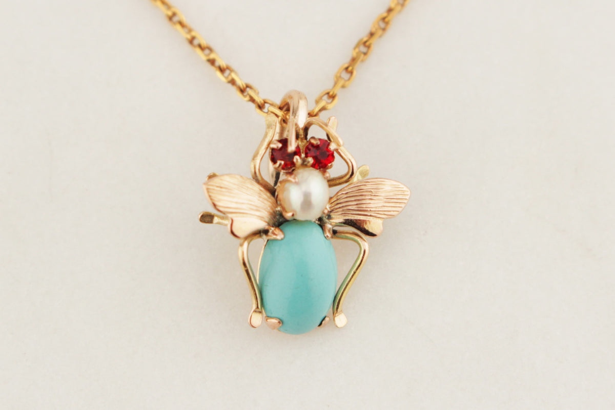 ANTIQUE EDWARDIAN c1900 RUBY TORQUIOSE & PEARL BEE PENDANT 14ct GOLD