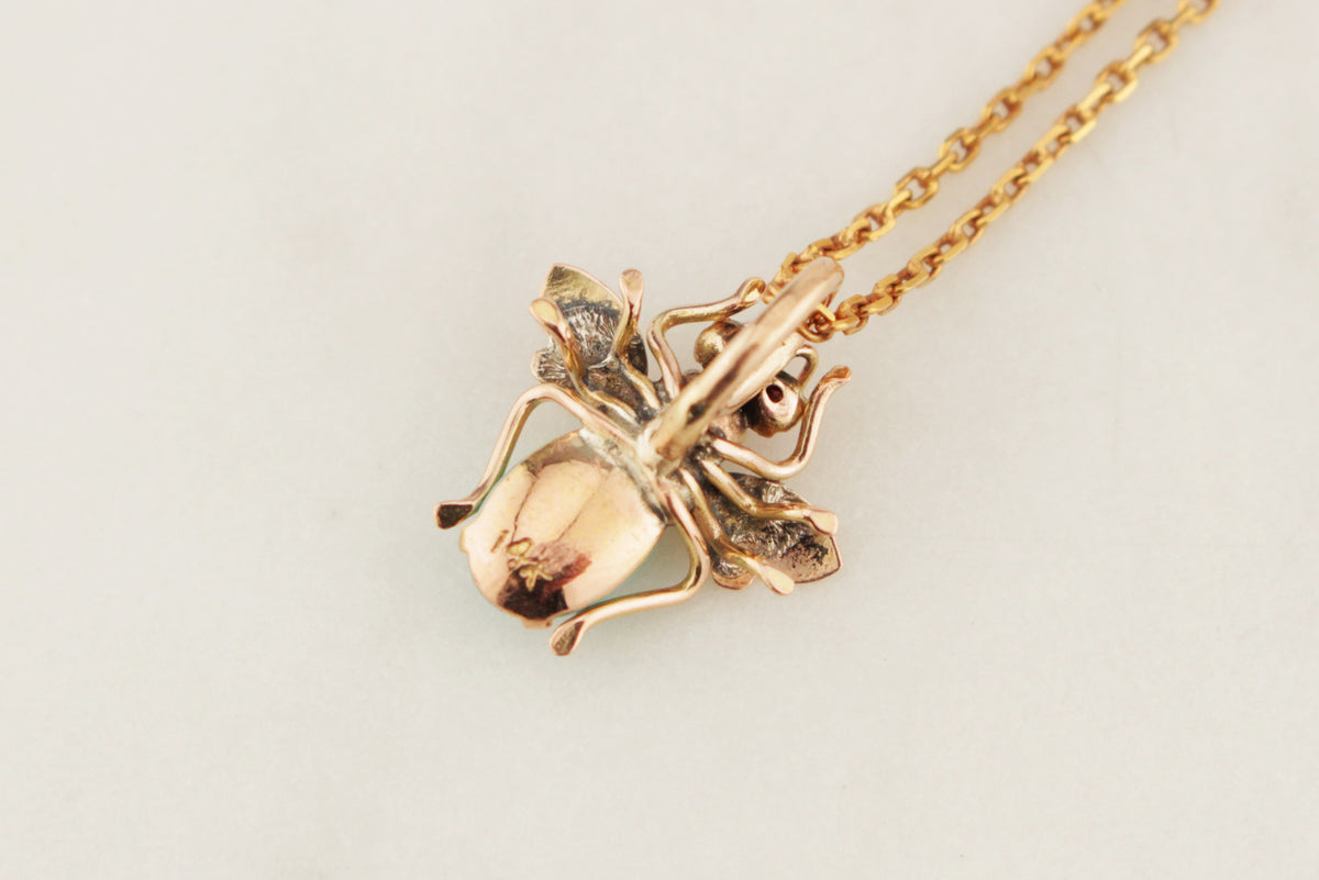 ANTIQUE EDWARDIAN c1900 RUBY TORQUIOSE & PEARL BEE PENDANT 14ct GOLD