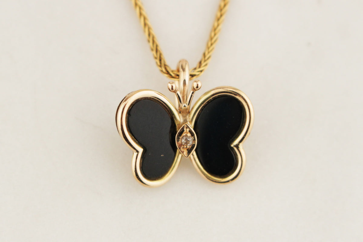 VINTAGE DIAMOND &amp; ONYX BUTTERFLY PENDANT 14ct  GOLD