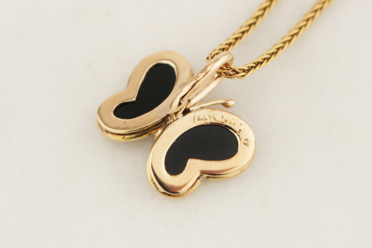 VINTAGE DIAMOND &amp; ONYX BUTTERFLY PENDANT 14ct  GOLD