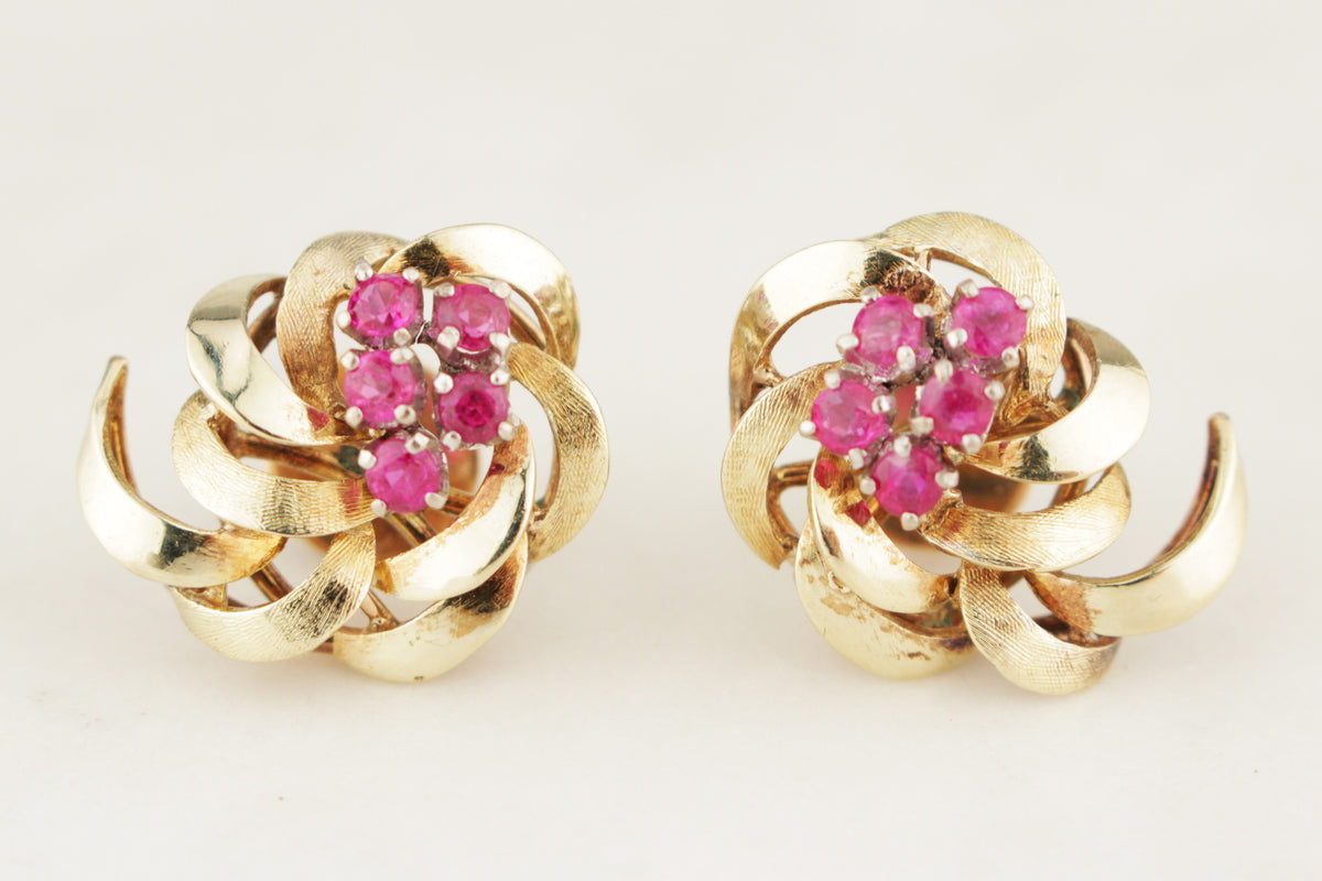 VINTAGE c1940 RUBY EARRINGS 18ct YELLOW GOLD