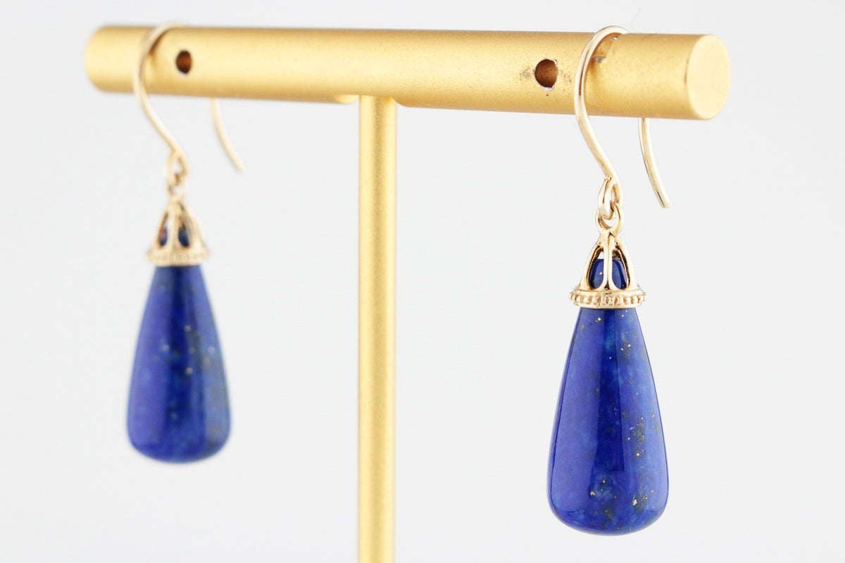VINTAGE MID CENTURY LAPIS LAZULI DROP EARRINGS 9ct GOLD