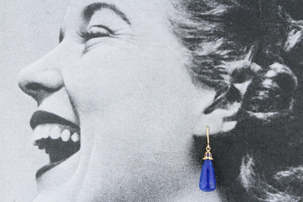 VINTAGE MID CENTURY LAPIS LAZULI DROP EARRINGS 9ct GOLD