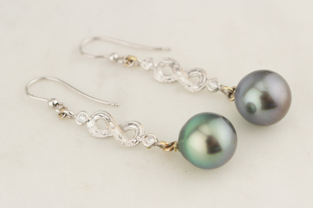 MODERN TAHITIAN PEARL &amp; DIAMOND EARRINGS 18ct WHITE GOLD