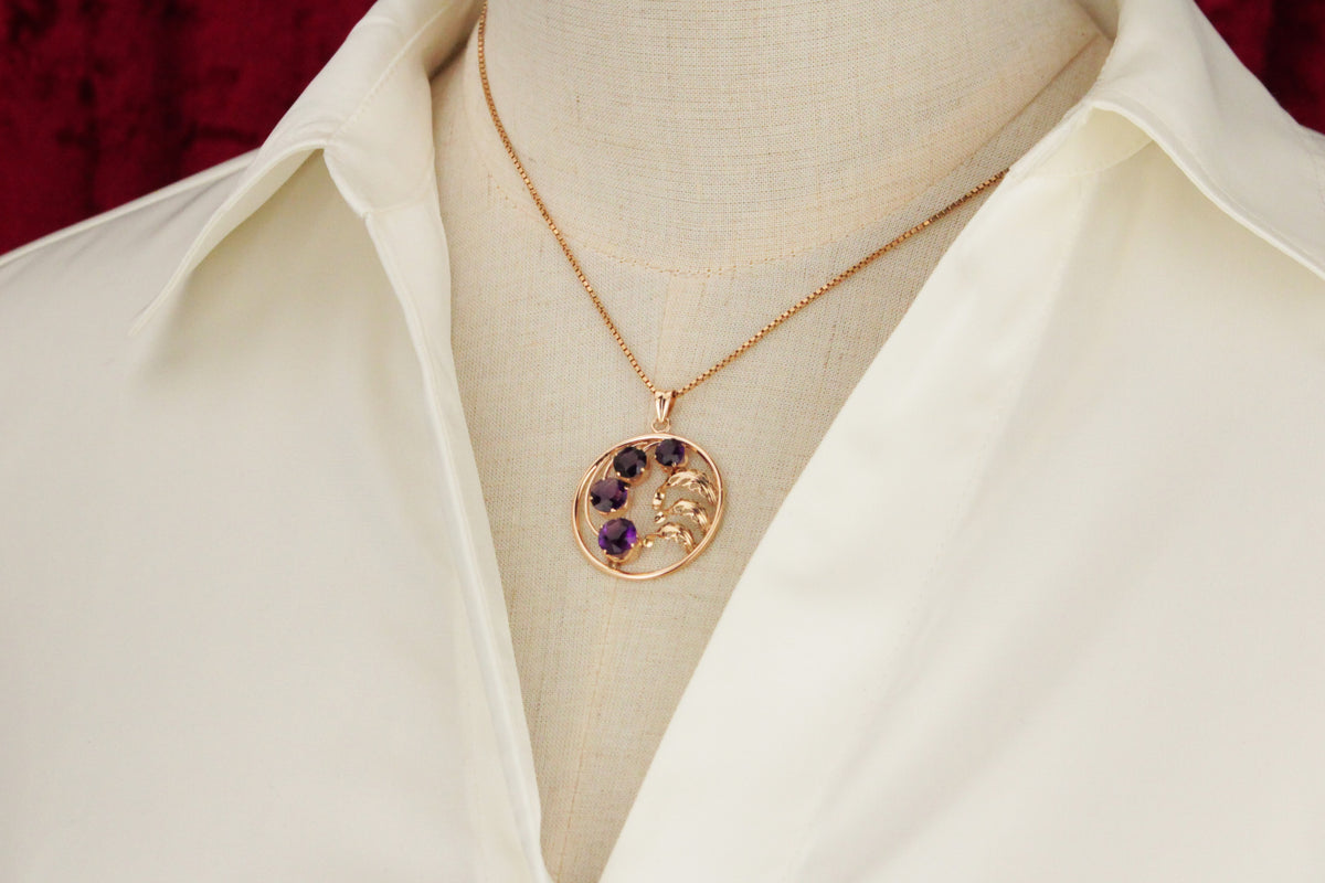 ANTIQUE ART NOUVEAU c1910 AMETHYST PENDANT 14ct GOLD