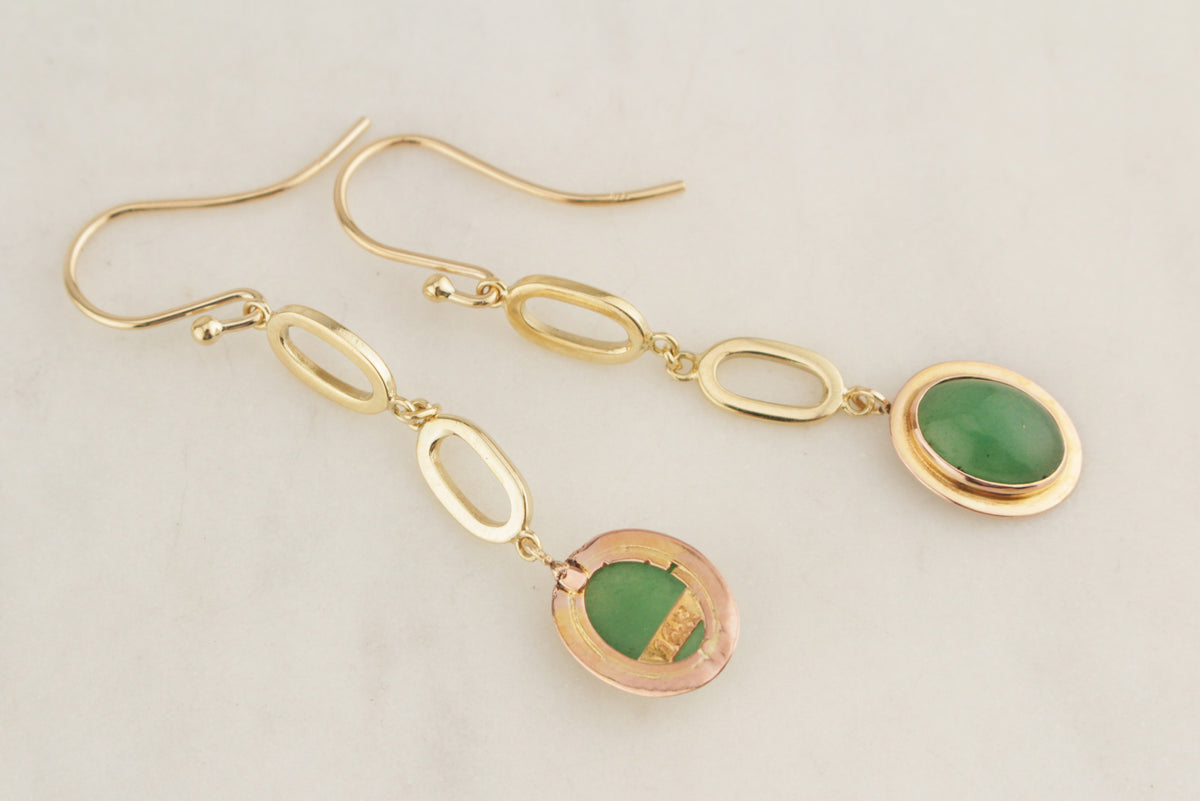 VINTAGE AVENTURINE QUARTZ EARRINGS 14ct YELLOW GOLD